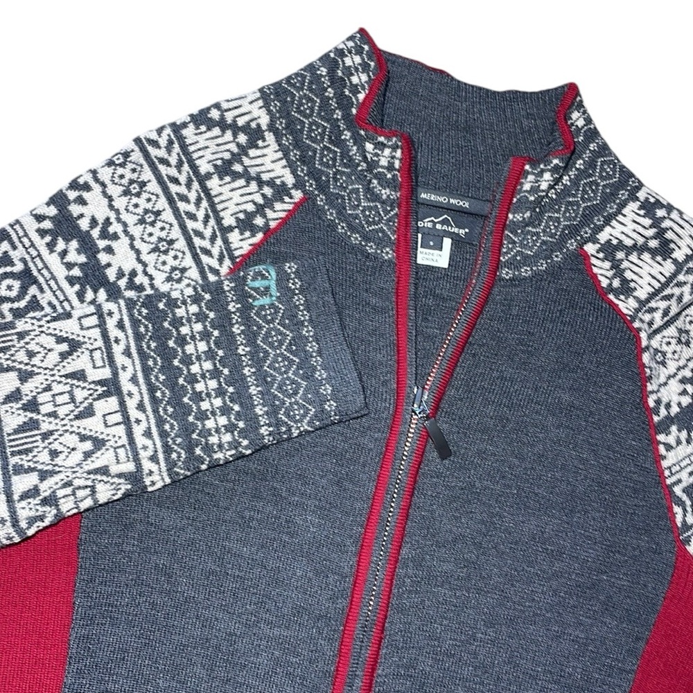 Eddie Bauer Gray Fair Isle Knitted Mock Neck Long Sleeve Full-Zip 100% wool